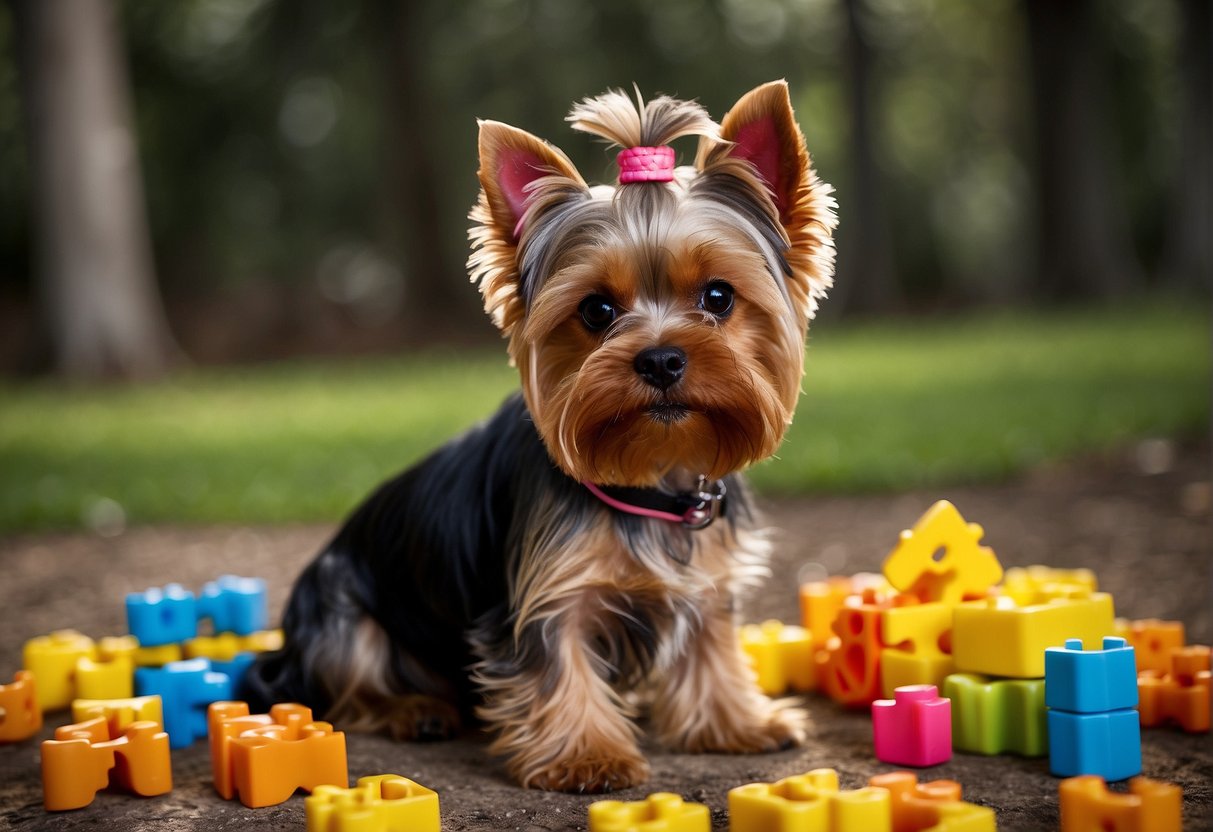 A yorkie sits attentively, surrounded by puzzle toys and a treat dispenser. It confidently solves each challenge, showcasing its intelligence