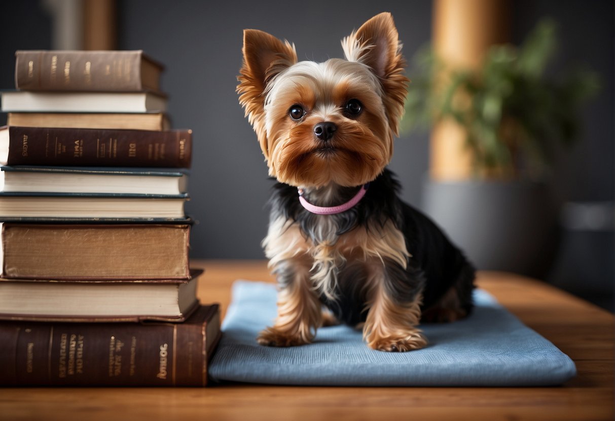A yorkie sits beside a stack of books and a yoga mat, showcasing intelligence and a healthy lifestyle