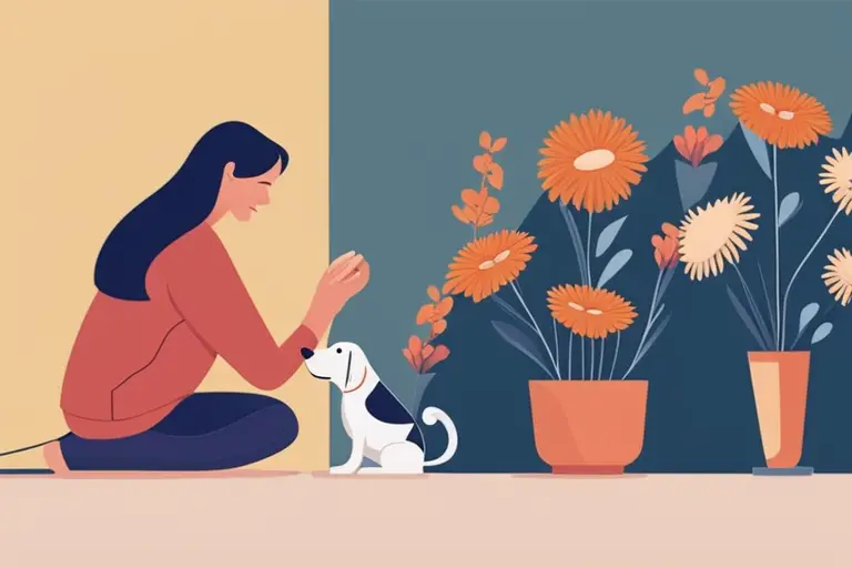Illustration of a dog owner storing flowers out of reach of pets