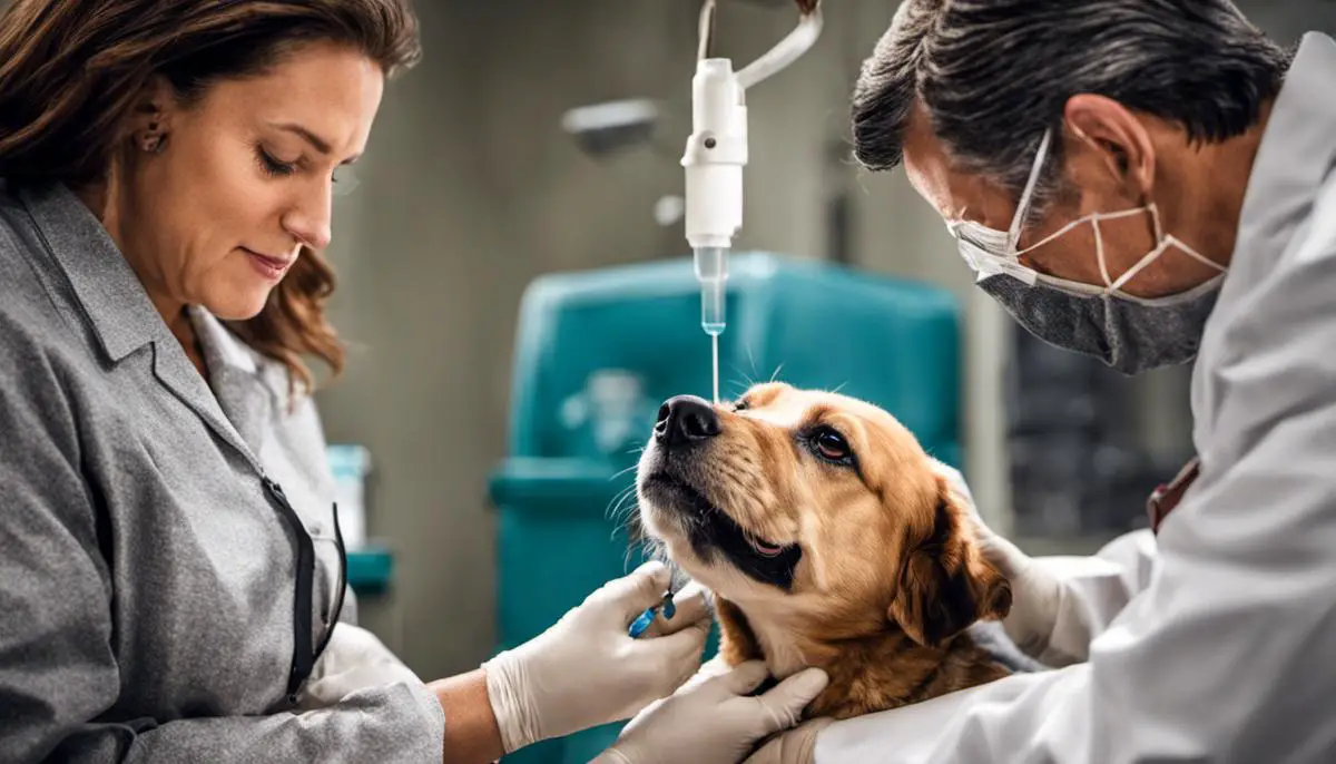 A photo of a dog receiving a check-up at the veterinarian's office