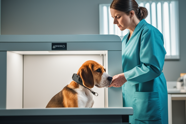 A photo of a Beagle being examined by a veterinarian