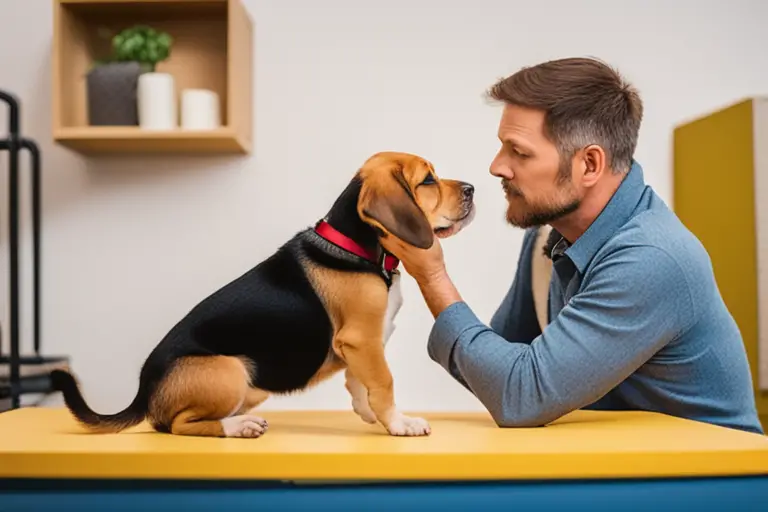 A picture of a breeder interacting with a Beagle puppy