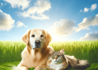 dog and cat laying in field