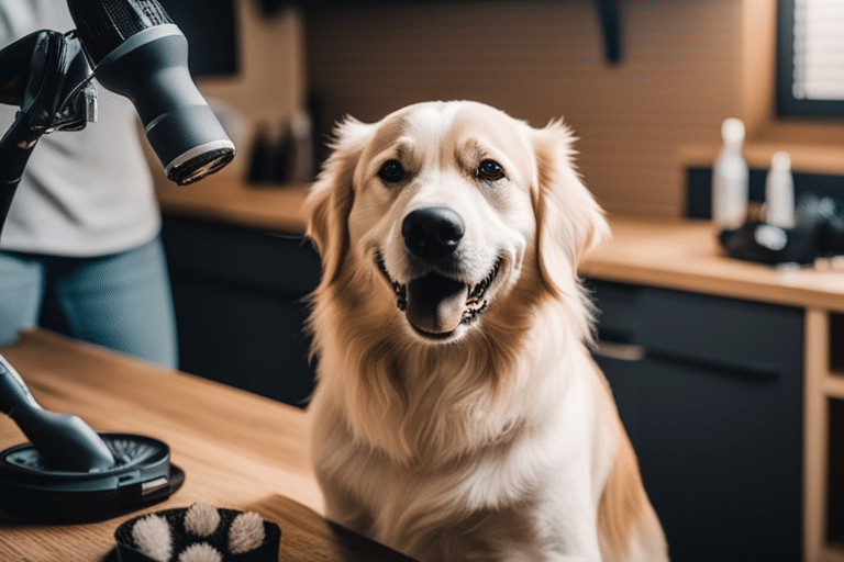 A happy dog being groomed at home