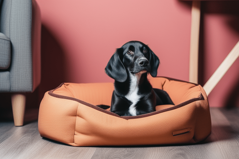 A photo of a cozy dog bed with a blanket and toys