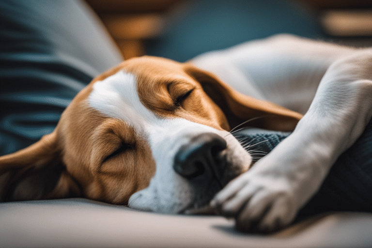 An image of a dog peacefully sleeping next to its owner