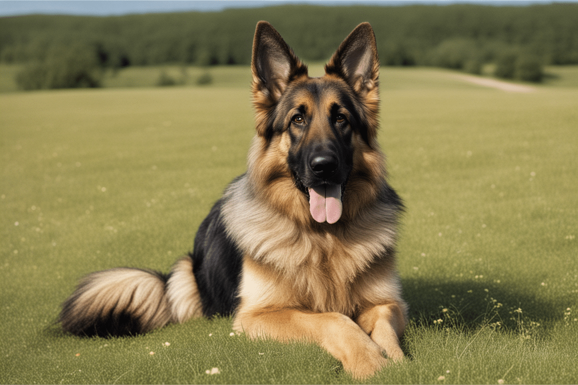 Long Haired German Shepherd standing in a meadow