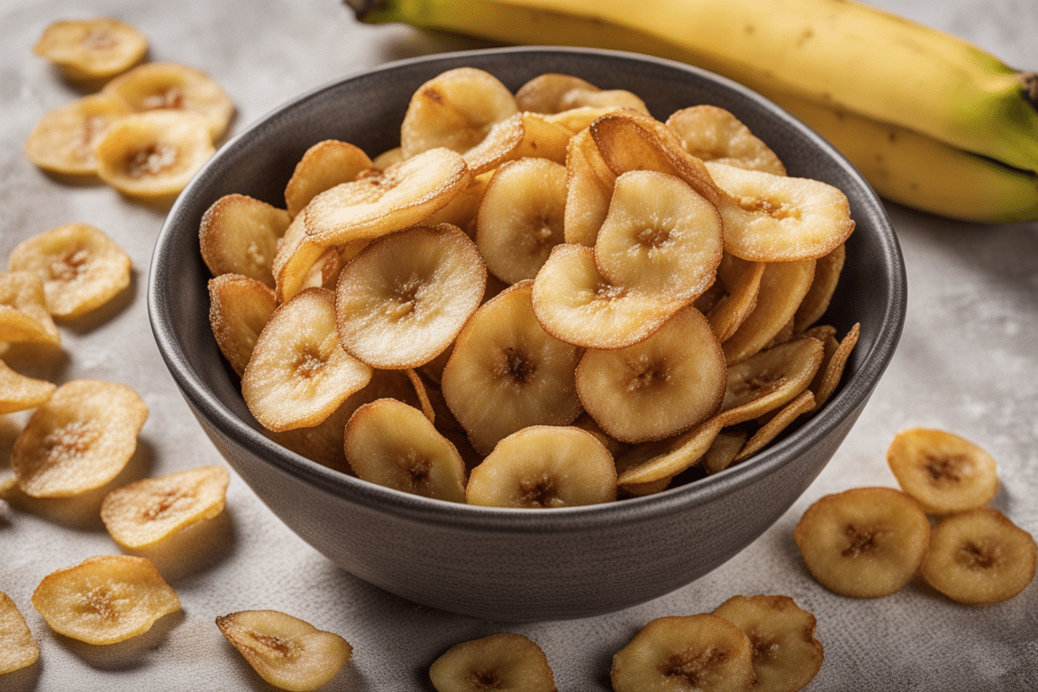 a photo of a fried banana chips in a bowl on a table