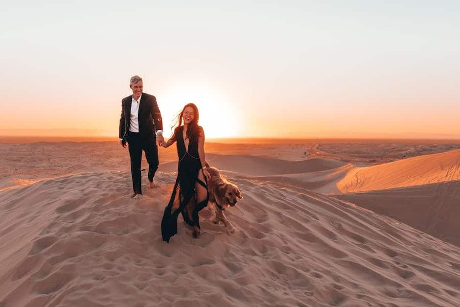 dog outdoors with two people