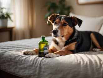 A drowsy dog lies on a cozy bed, with a half-open bottle of Benadryl nearby