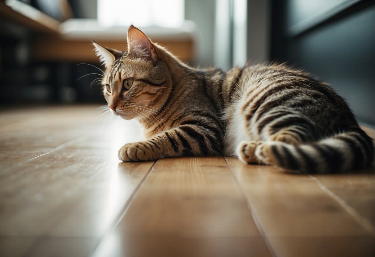 A cat is regurgitating its food on the floor