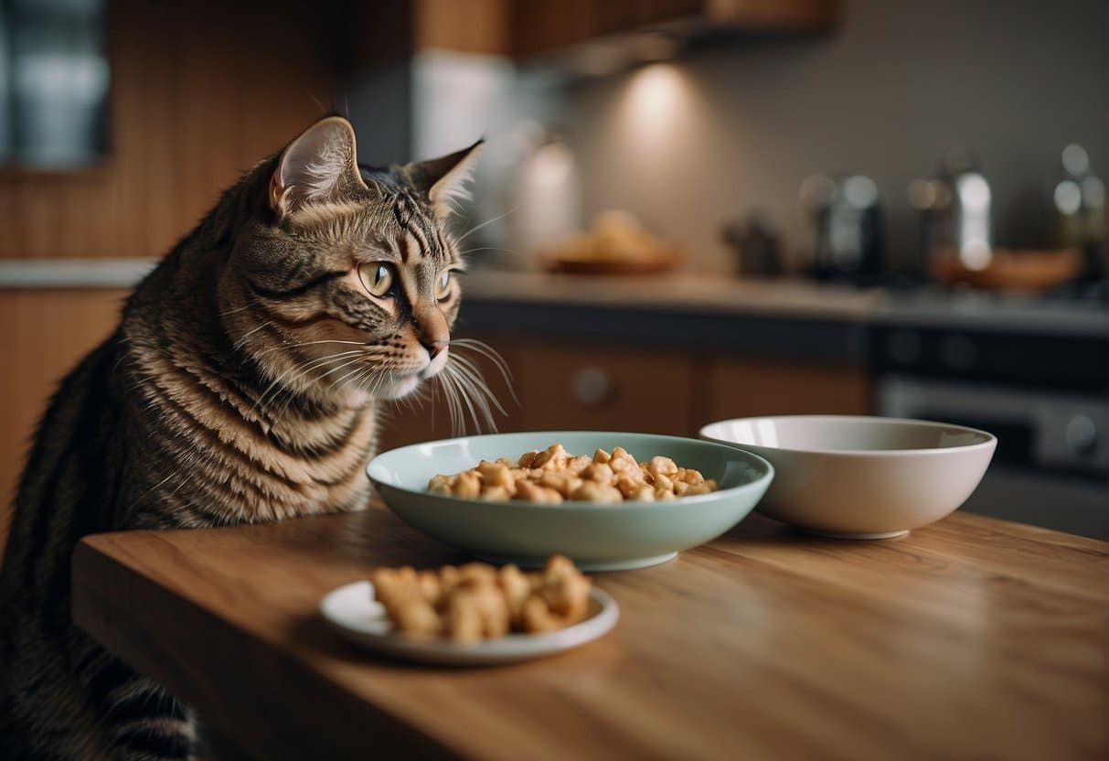 A cat is throwing up food, with a concerned owner nearby offering aftercare and recovery support