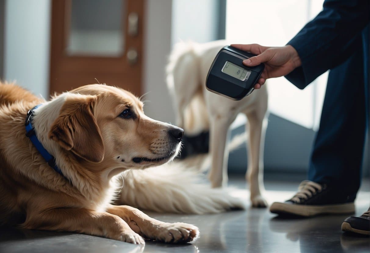 A dog with white foamy vomit, looking distressed, with a concerned owner reaching for the phone to call the vet