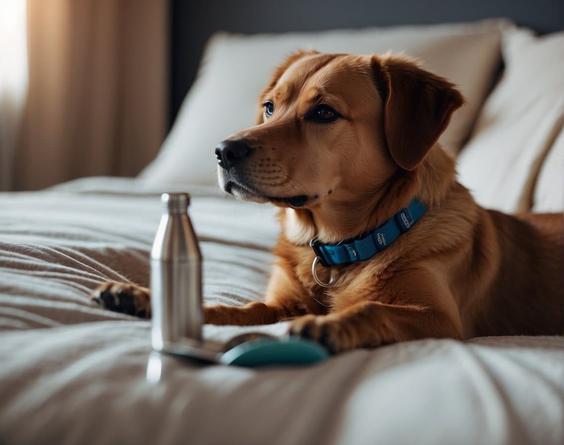 A dog calmly resting on a cozy bed, with a bottle of Benadryl and a measuring spoon nearby