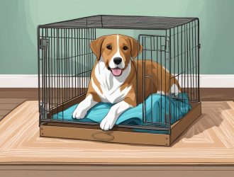 A dog in a crate, with a chew toy and water bowl inside.