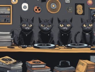 Emo cats wearing dark clothing, sitting in a dimly lit room, surrounded by vinyl records and posters of punk bands