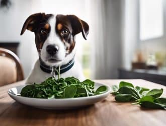 Image of a dog happily eating spinach