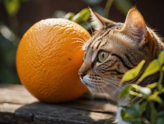 A cat sniffs an orange cautiously, its ears perked up in curiosity