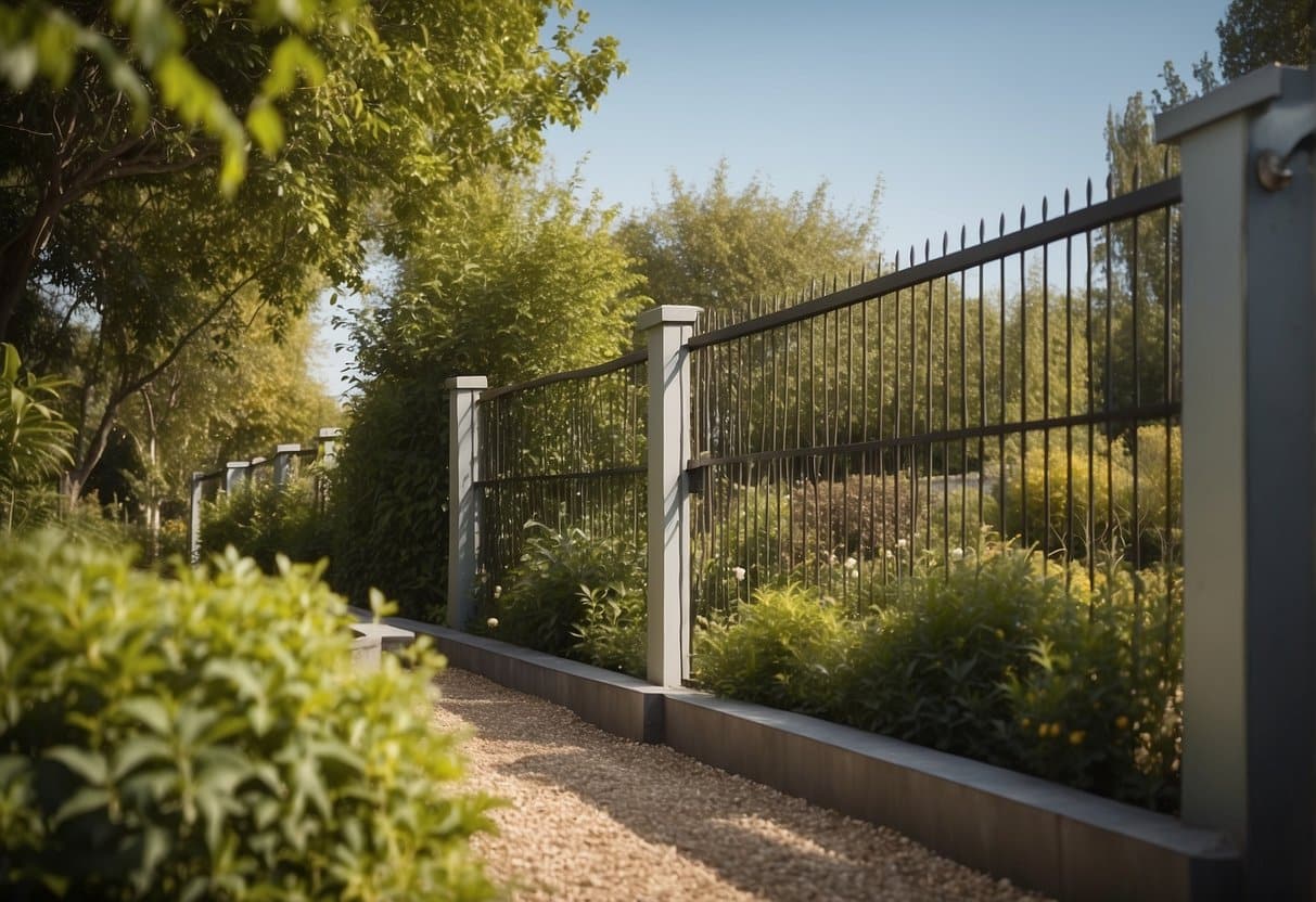 A sturdy, tall fence with angled tops and no footholds, surrounded by a lush garden and clear signage indicating it is a dog-free area