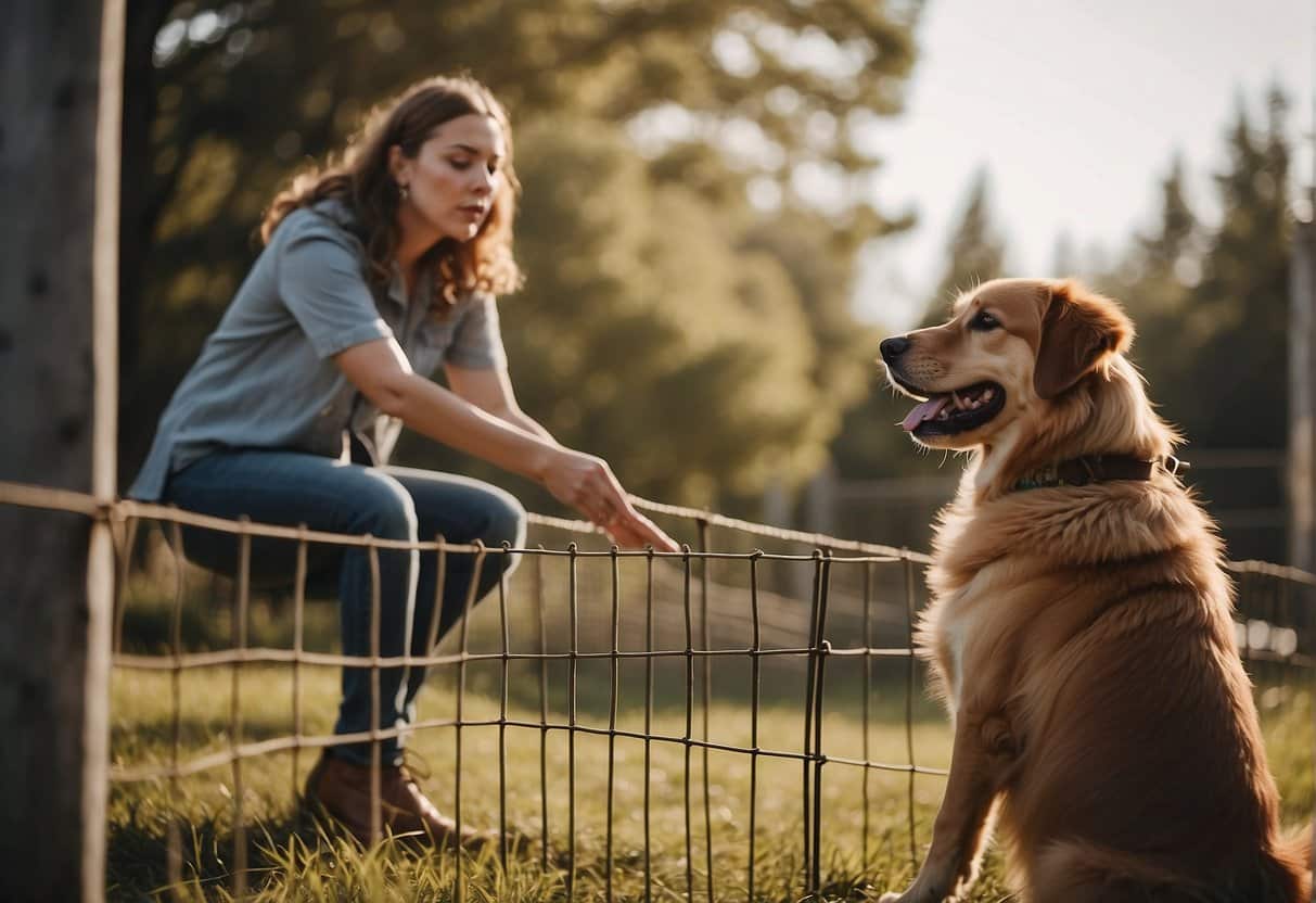 A dog is shown attempting to climb a fence, with a frustrated owner trying to prevent it. The dog's body language and the owner's actions convey the struggle to keep the dog from escaping