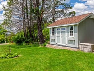 A gray shed contains white trim, two windows, and a roof with tan shingles. The shed sits next to mature trees.