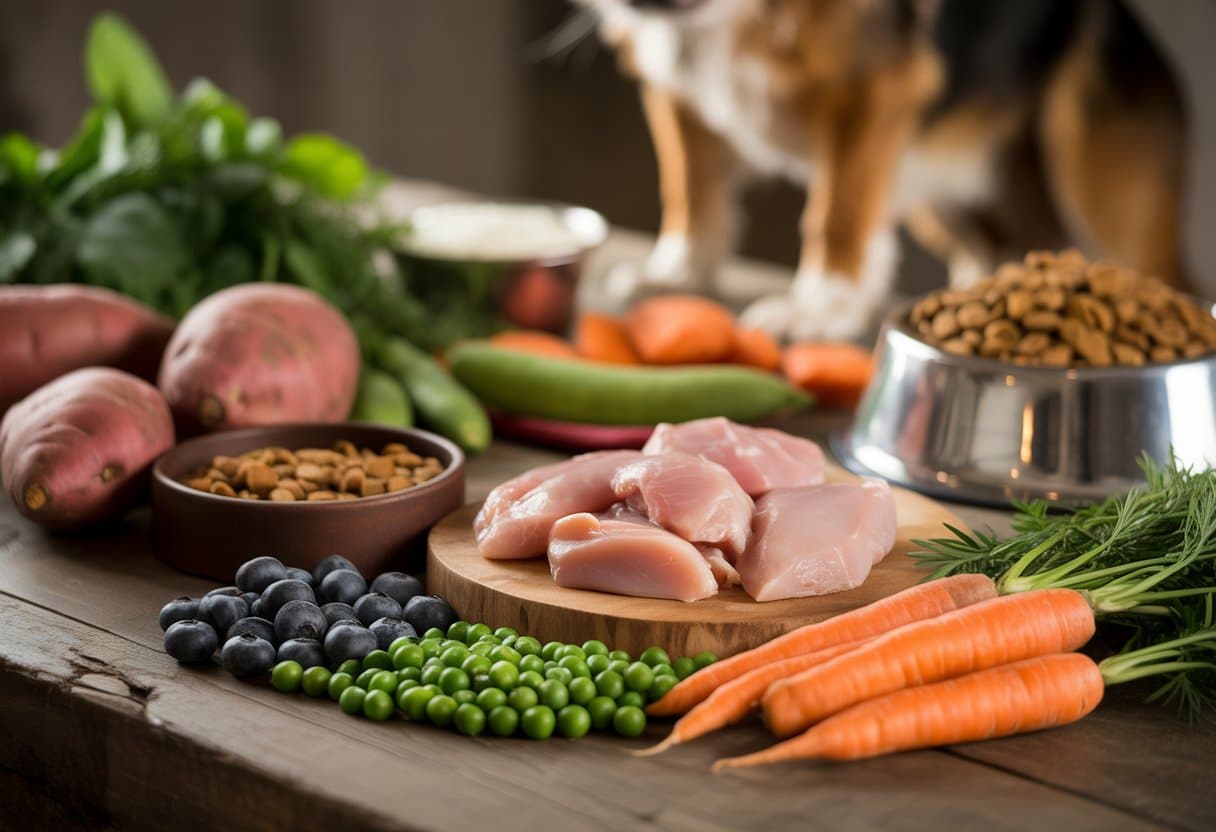 A wooden table with fresh sweet potatoes, carrots, peas, blueberries, lean meat, and grain-free dog food ingredients arranged neatly.