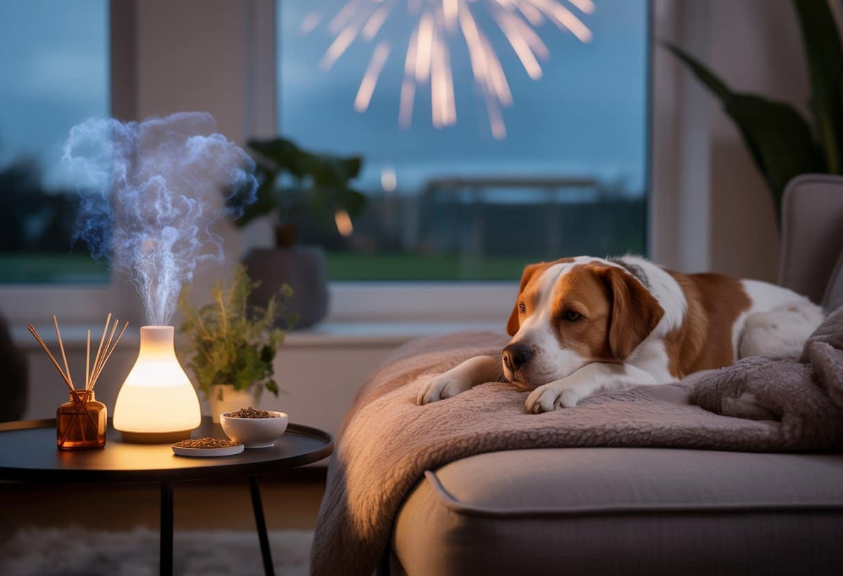 A relaxed dog lying on a soft blanket in a living room with a diffuser, herbal supplements, and a thunder shirt nearby, with a window showing a dark sky with fireworks and lightning outside.