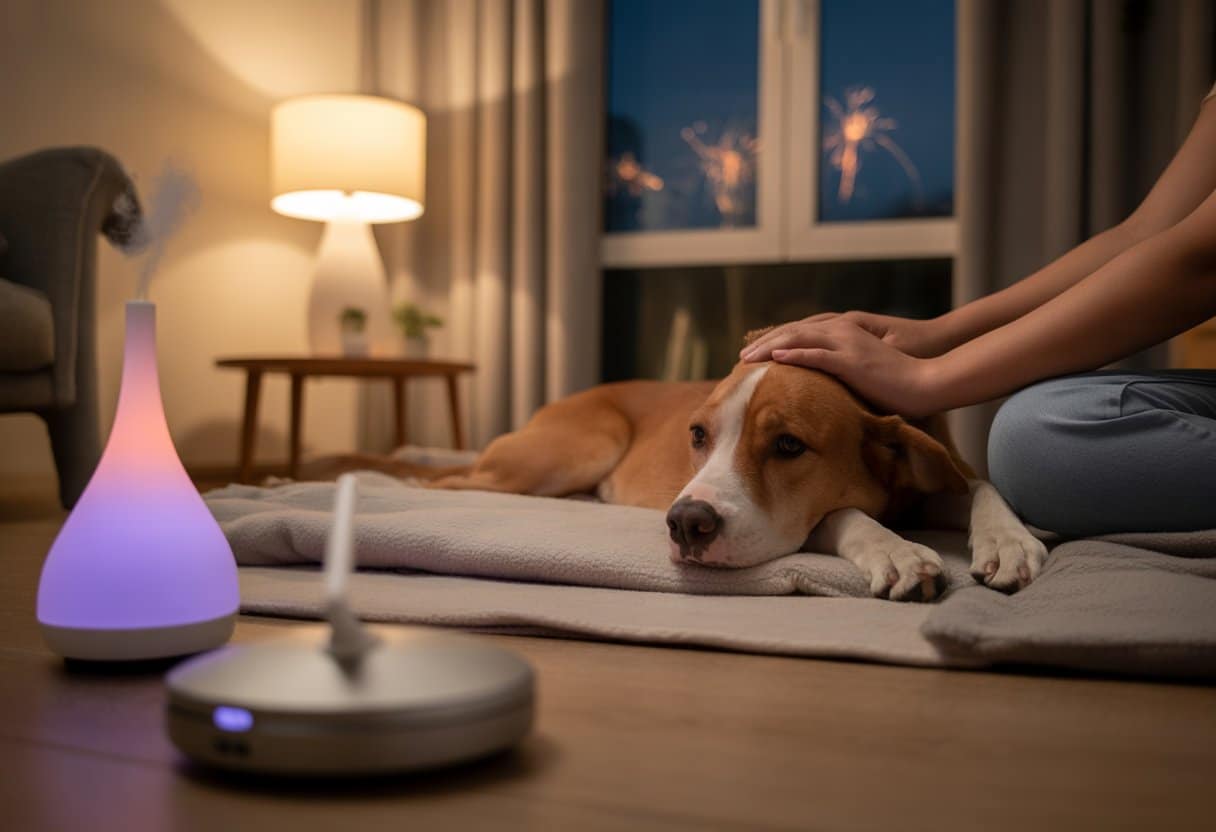 A dog resting calmly on a blanket indoors while a person gently pets it in a cozy living room.