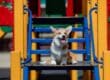 A panting corgi with tan and white fur sitting on the wooden landing of a colorful playground playset stairway.
