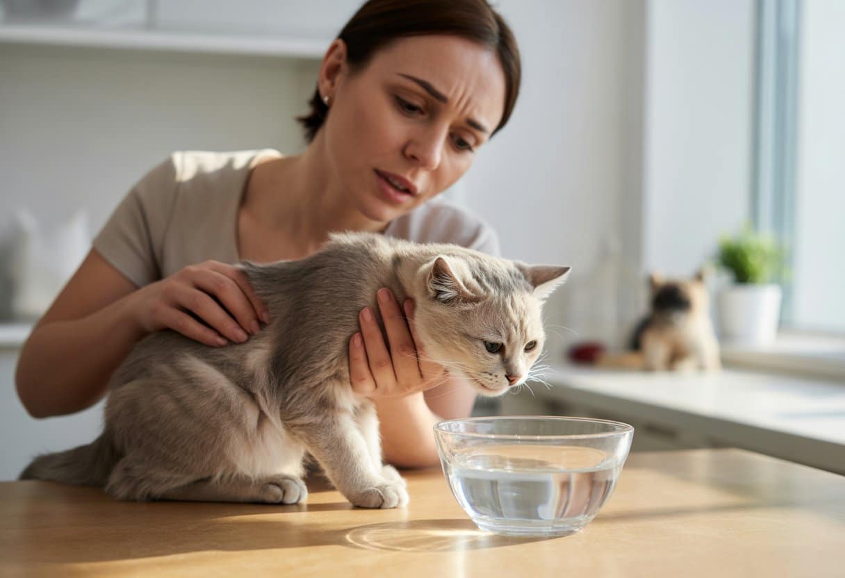 A woman gently holding a cat near a bowl of water in a bright kitchen, encouraging it to drink.