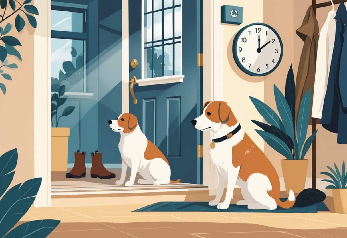 A person gently petting a dog sitting calmly near the front door as they prepare to leave the house, with a delivery person visible outside the window.