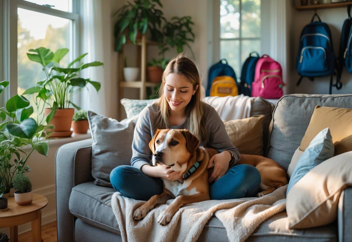 A woman comforting her dog on a sofa in a cozy living room with sunlight and school items nearby.