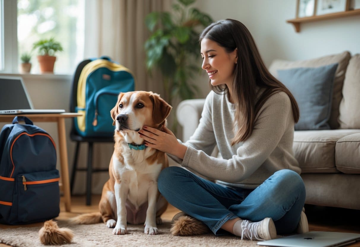 A woman gently petting a calm dog in a cozy living room with a backpack and laptop nearby.
