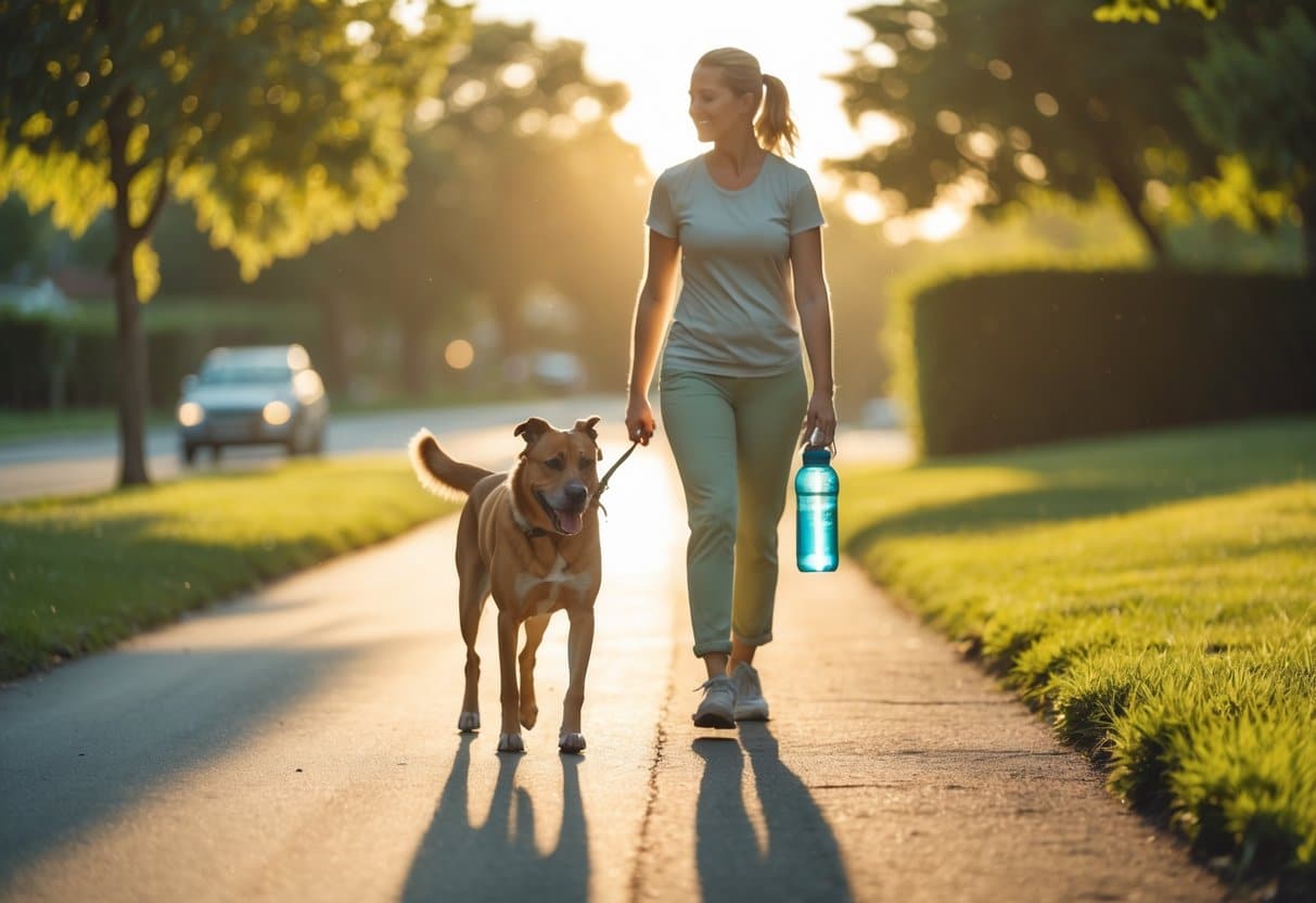 A person walking a dog on a quiet street during early morning or late evening in summer with a water bottle in hand.