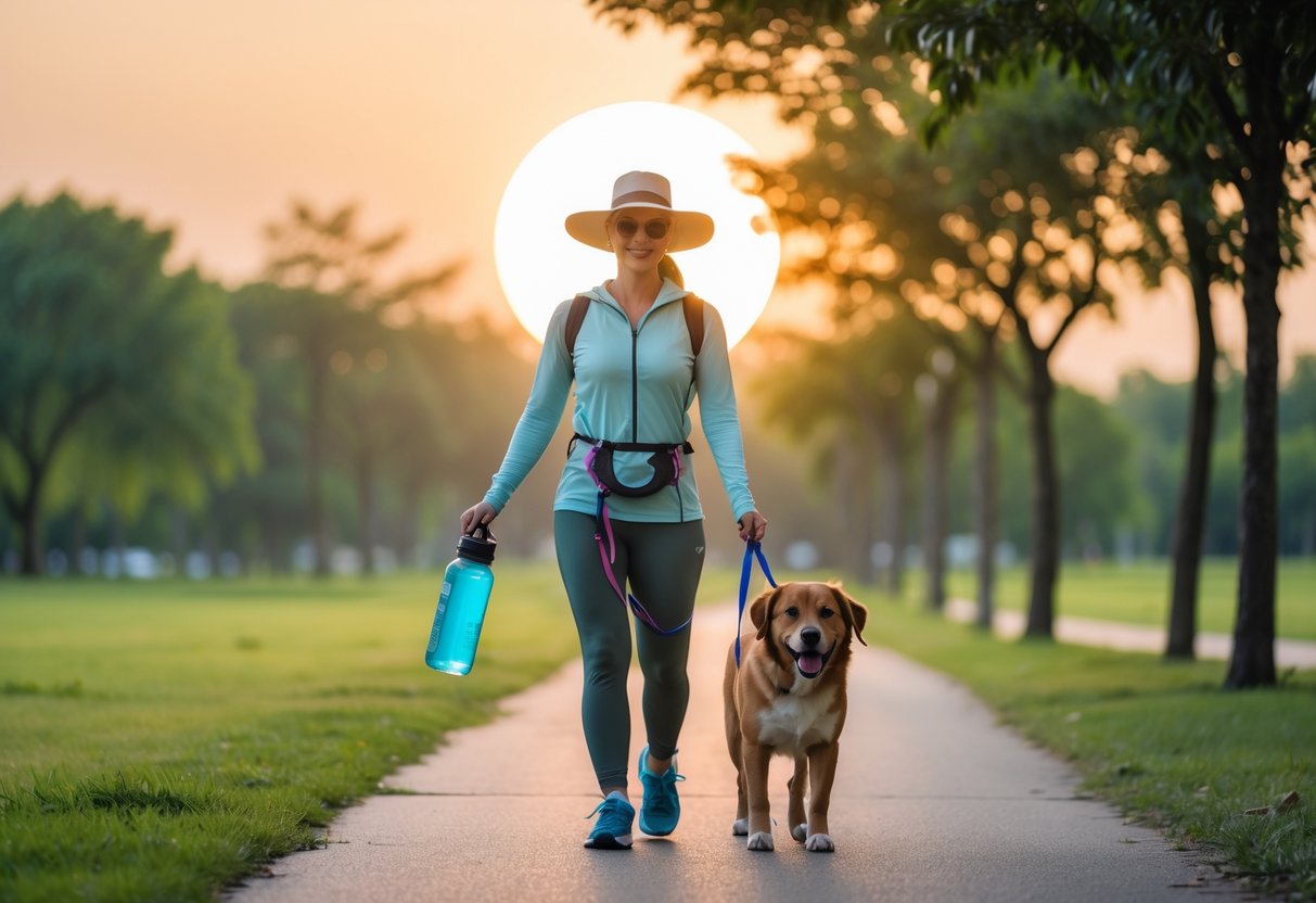 A person with a dog on a leash walking in a shaded park during early morning or late evening with water bottle and sun protection gear.