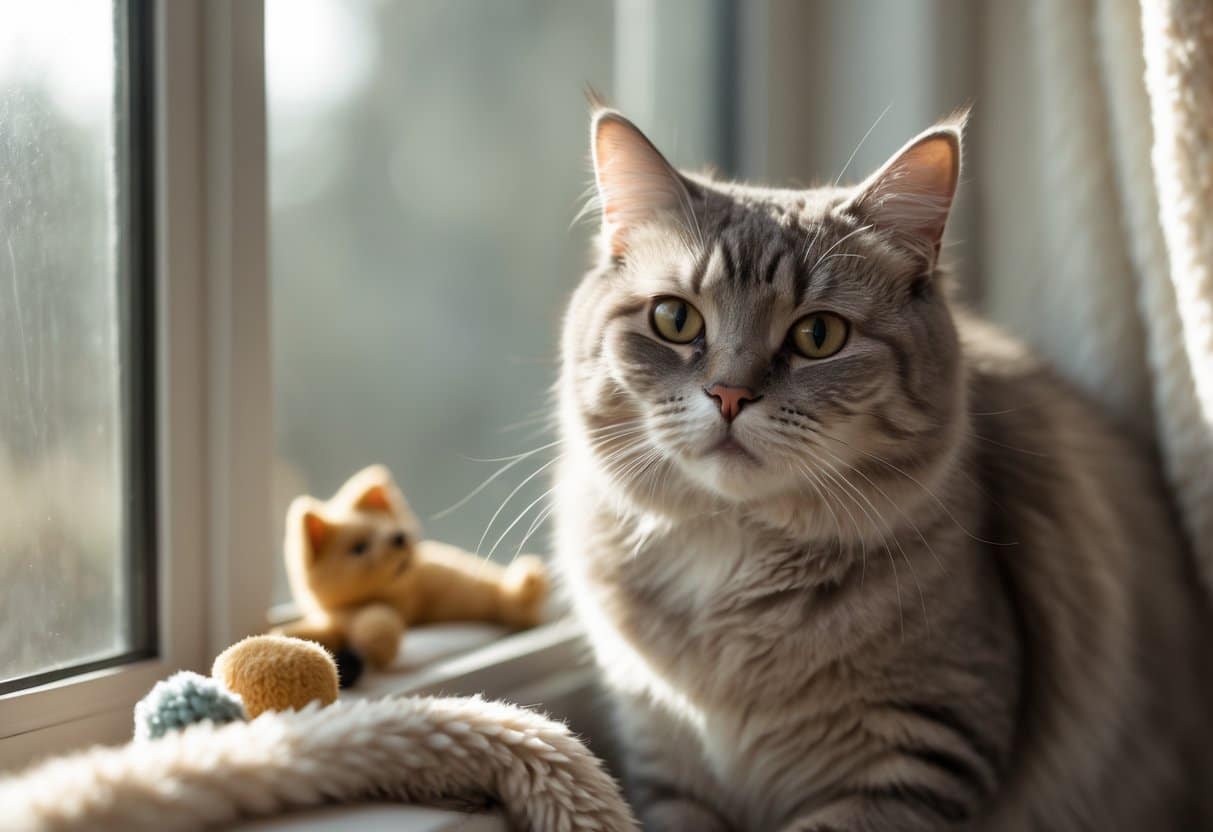 Why Is My Cat Suddenly So Needy and Vocal? Causes & Solutions 3 A senior cat sitting on a windowsill looking attentive and slightly vulnerable, surrounded by cat toys and a blanket.