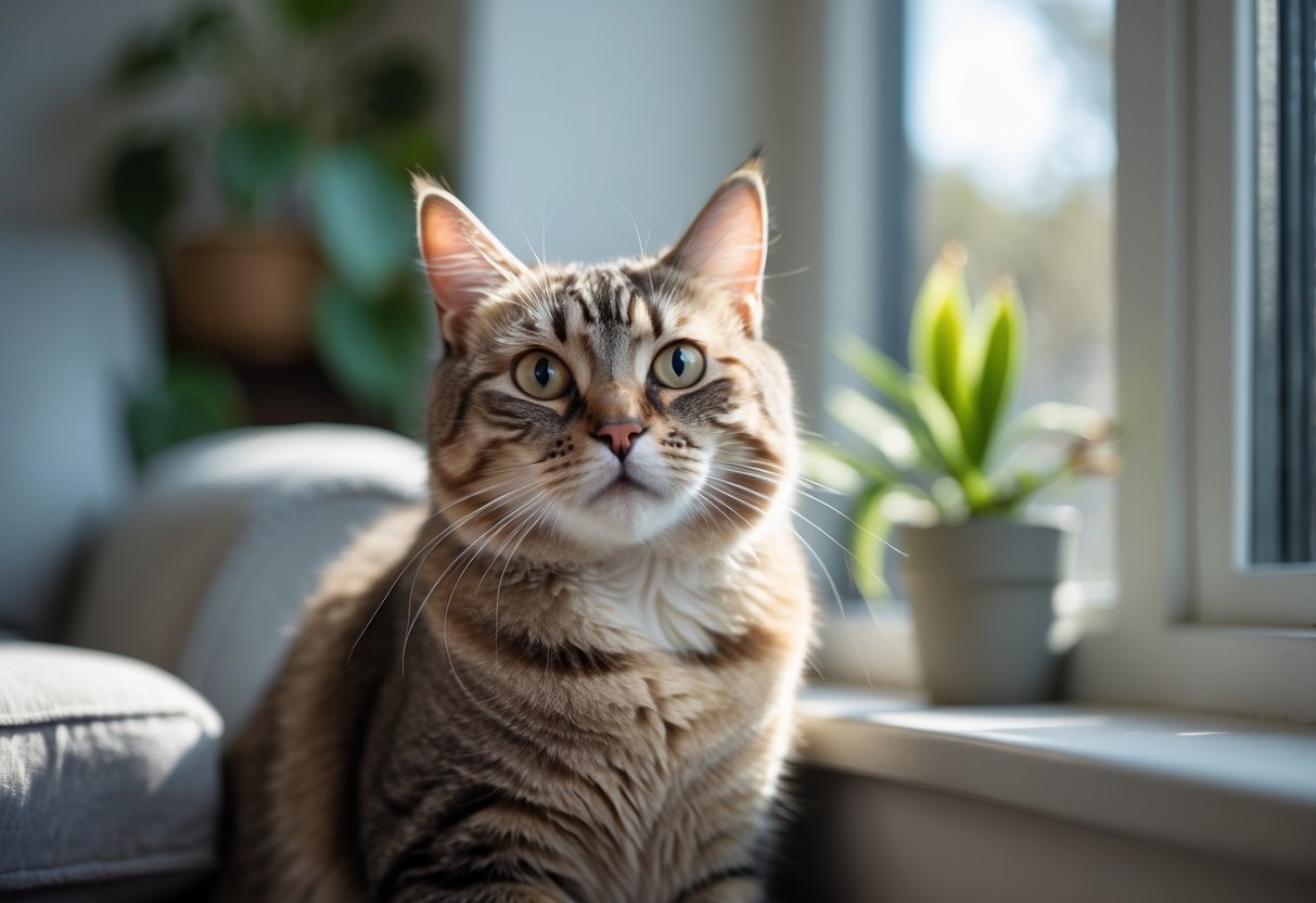 Why Is My Cat Suddenly So Needy and Vocal? Causes & Solutions 4 Close-up of a domestic cat sitting on a windowsill indoors, looking attentively with expressive eyes.