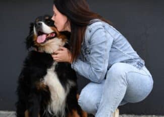 Woman in denim outfit kneeling and kissing a large black and brown dog with tongue out, sitting by a dark wall.