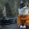 A close-up shows a gray and white cat wearing a yellow jacket and sunglasses on a picnic table next to kettle.
