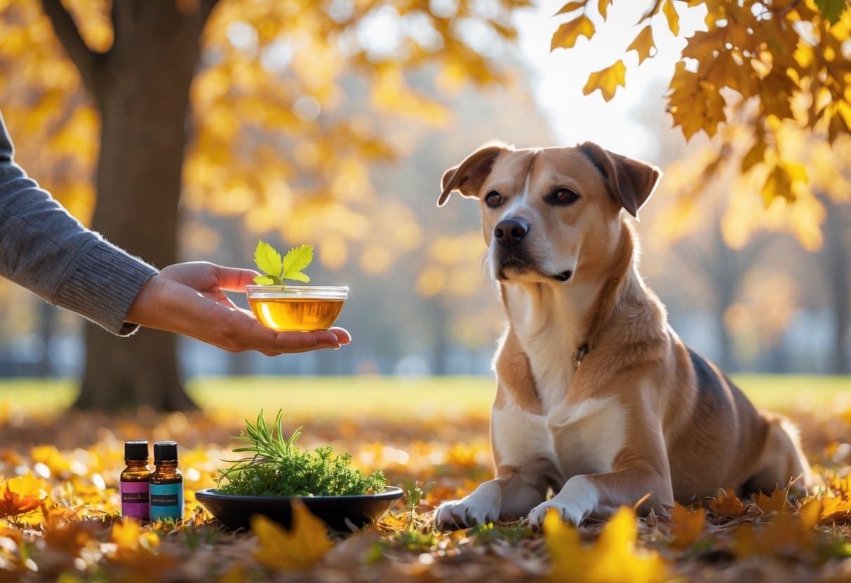 Natural Remedies for My Dog's Seasonal Fall Allergies: Effective Relief and Prevention 2 A dog sitting calmly in an autumn park with colorful fall leaves, while a person offers natural remedies nearby.