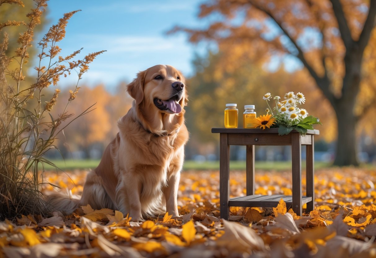 Natural Remedies for My Dog's Seasonal Fall Allergies: Effective Relief and Prevention 4 A golden retriever sitting on fallen autumn leaves in a park with natural fall plants and herbal remedies on a small table nearby.