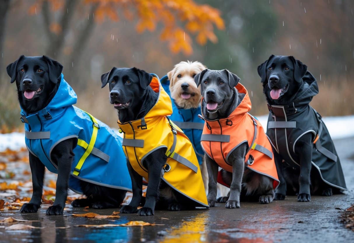 Several dogs wearing waterproof coats outdoors in a wet autumn and snowy winter environment.