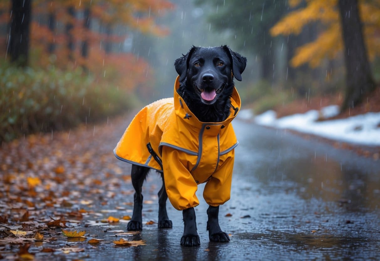 A dog wearing a waterproof coat stands on a wet path surrounded by autumn leaves and light rain, with some snow patches in the background.