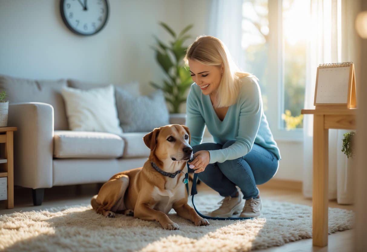 A person gently interacting with their dog indoors near a clock showing a time change, creating a calm and caring atmosphere.