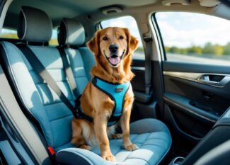 Dog wearing car harness