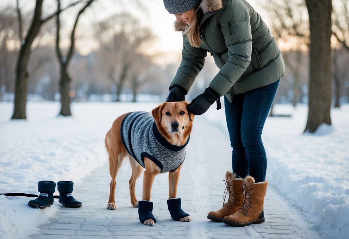 A person putting a warm sweater on a dog in a snowy park before a walk.