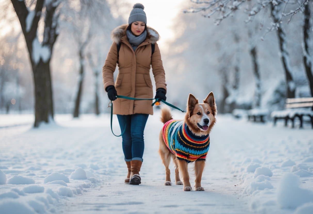 A person dressed in winter clothes walking a dog wearing a sweater on a snowy path surrounded by snow-covered trees.