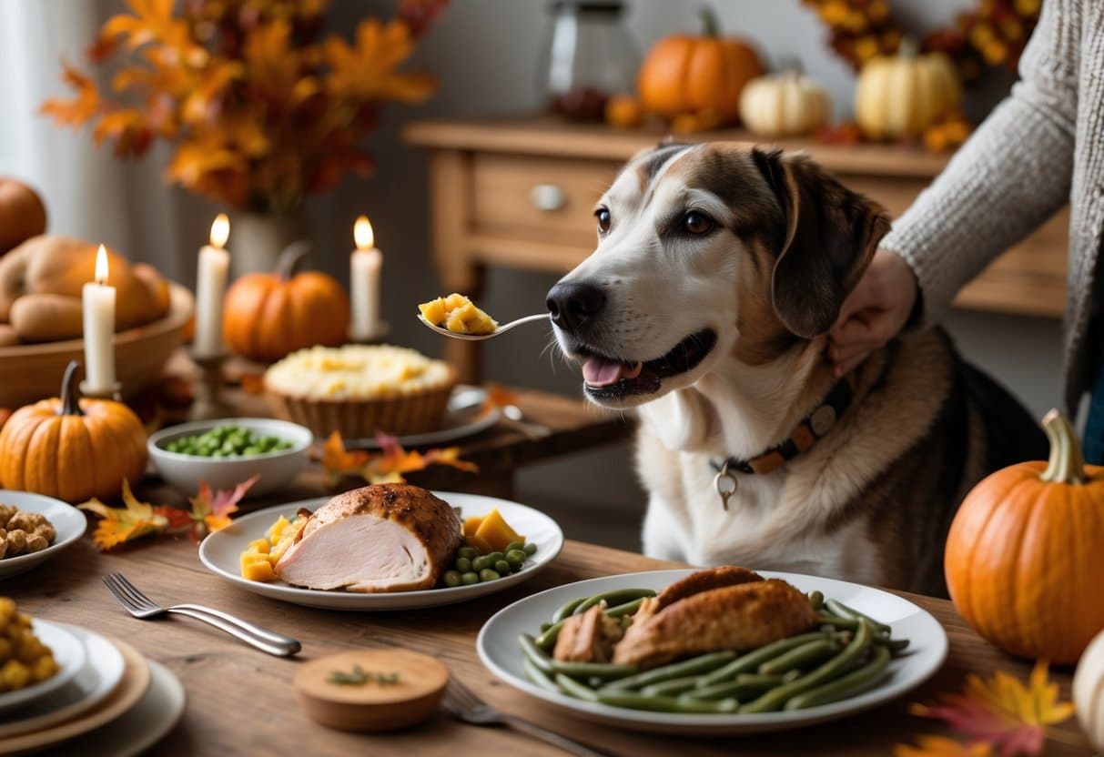 A dog sitting next to a Thanksgiving table with a person offering it a small portion of cooked turkey, surrounded by traditional holiday dishes and autumn decorations.