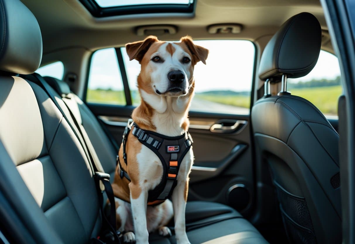 A dog wearing a car harness sitting safely on the back seat of a car during a road trip.
