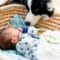 A curious border collie sniffing a newborn, who sleeps on their back under a blanket in a reed bassinet.